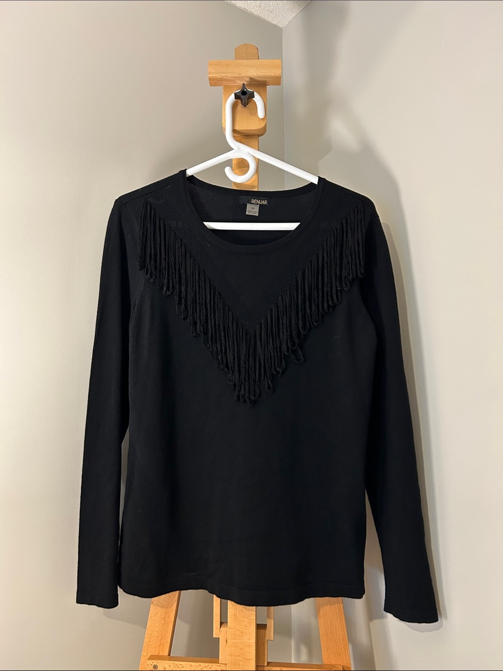 Renuar | Black Long-Sleeve Fringe Yoke Top | Size M